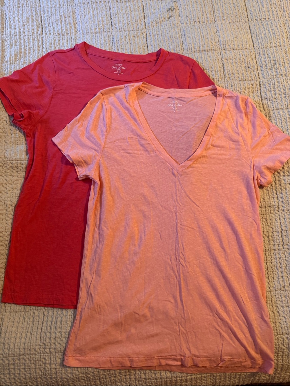 J. Crew Women’s Slub Cotton Tees — Bright Coral and Pink. Set of 2
